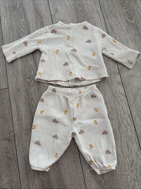 Zara Ivory Waffle Knit Pajama Set with Yellow & Brown Animal Prints
